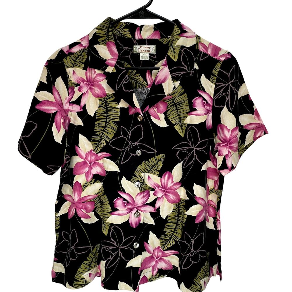 TOMMY BAHAMA Vintage Silk & Linen Short Sleeve Button Up Hawaiian Floral Shirt